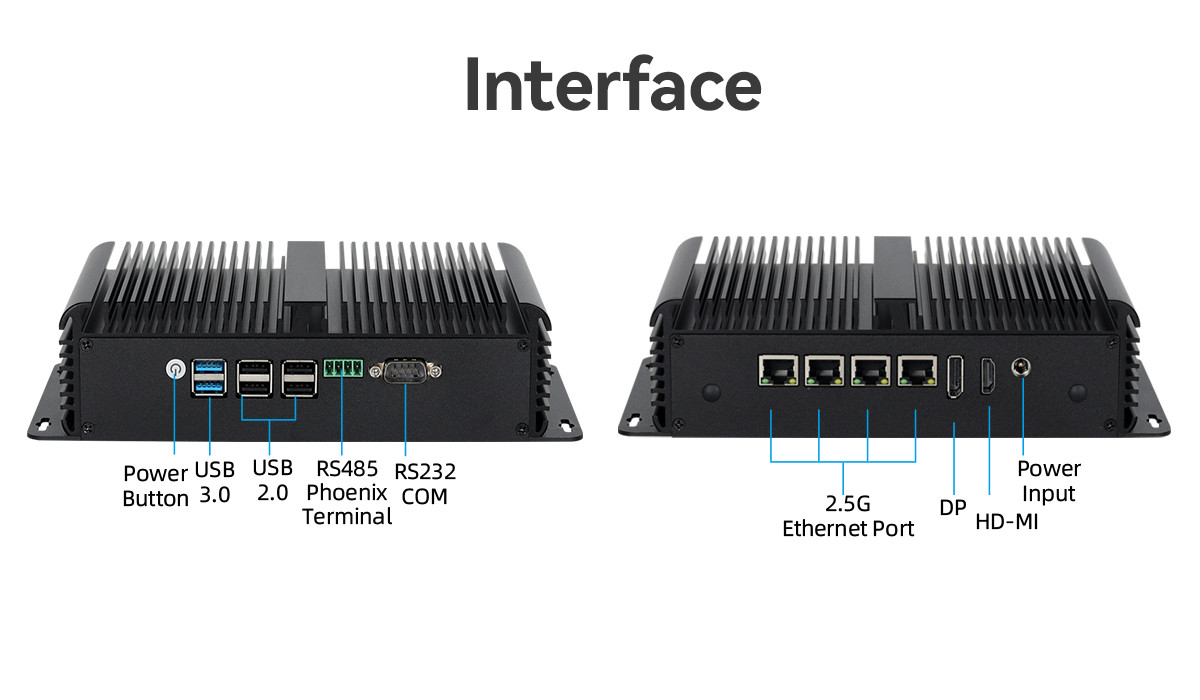 DDR4 16G RAM Intel N100 Fanless Industrial Mini PC 4 LAN Dual COM Linux With WIFI