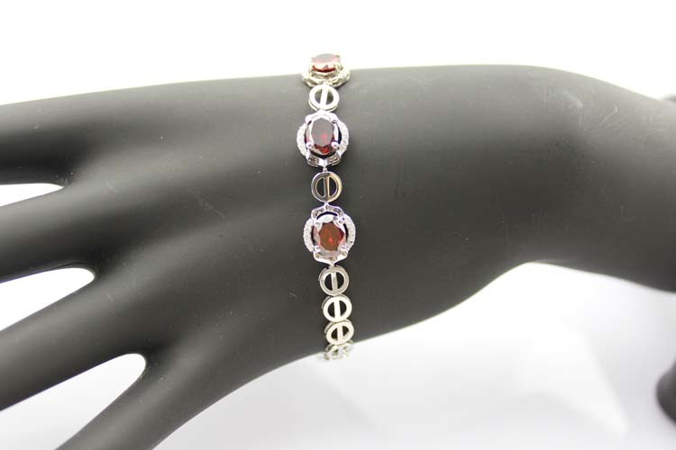 7x9mm Oval Created Garnet and Clear Cubic Zircon 925 Silver Chain Bracelet (H05)