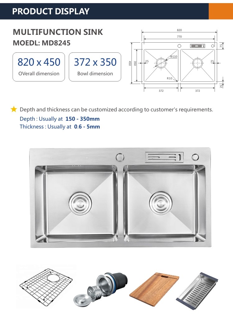 32' Multifunction Top Mount Farmhouse Sink Stainless 16 Gauge With Knife Holder 82x45