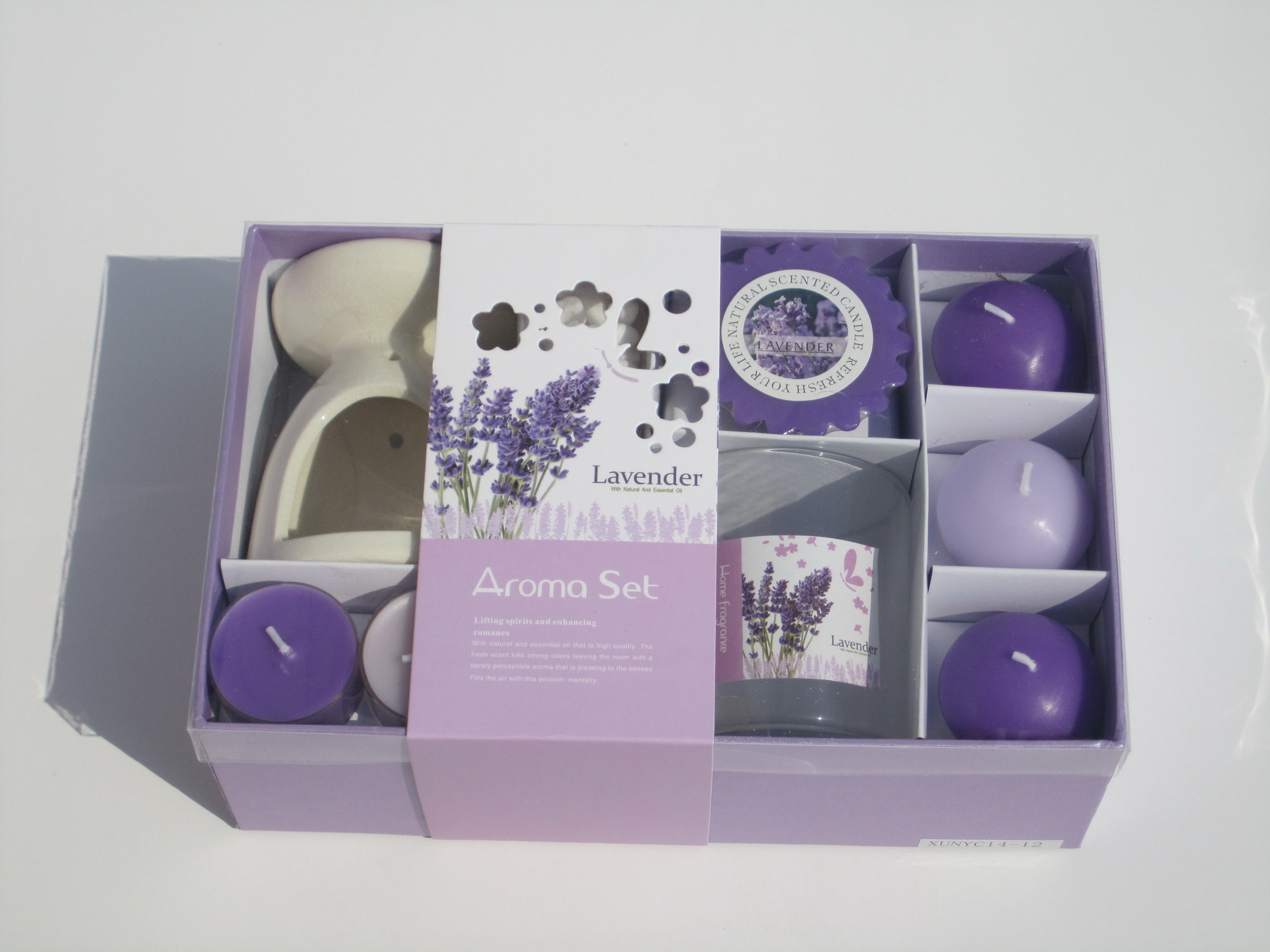 Purple & white lavender fragrance scented tealight candle & floating candle with printed label packed into gift box