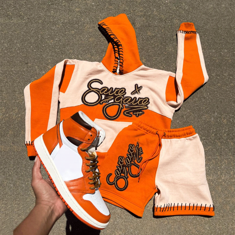 Custom Streetwear Embroidered Patch Logo High Quality Sports Two Piece Set Jogging Tracksuit Shorts Pants and Hoodie Set for Men