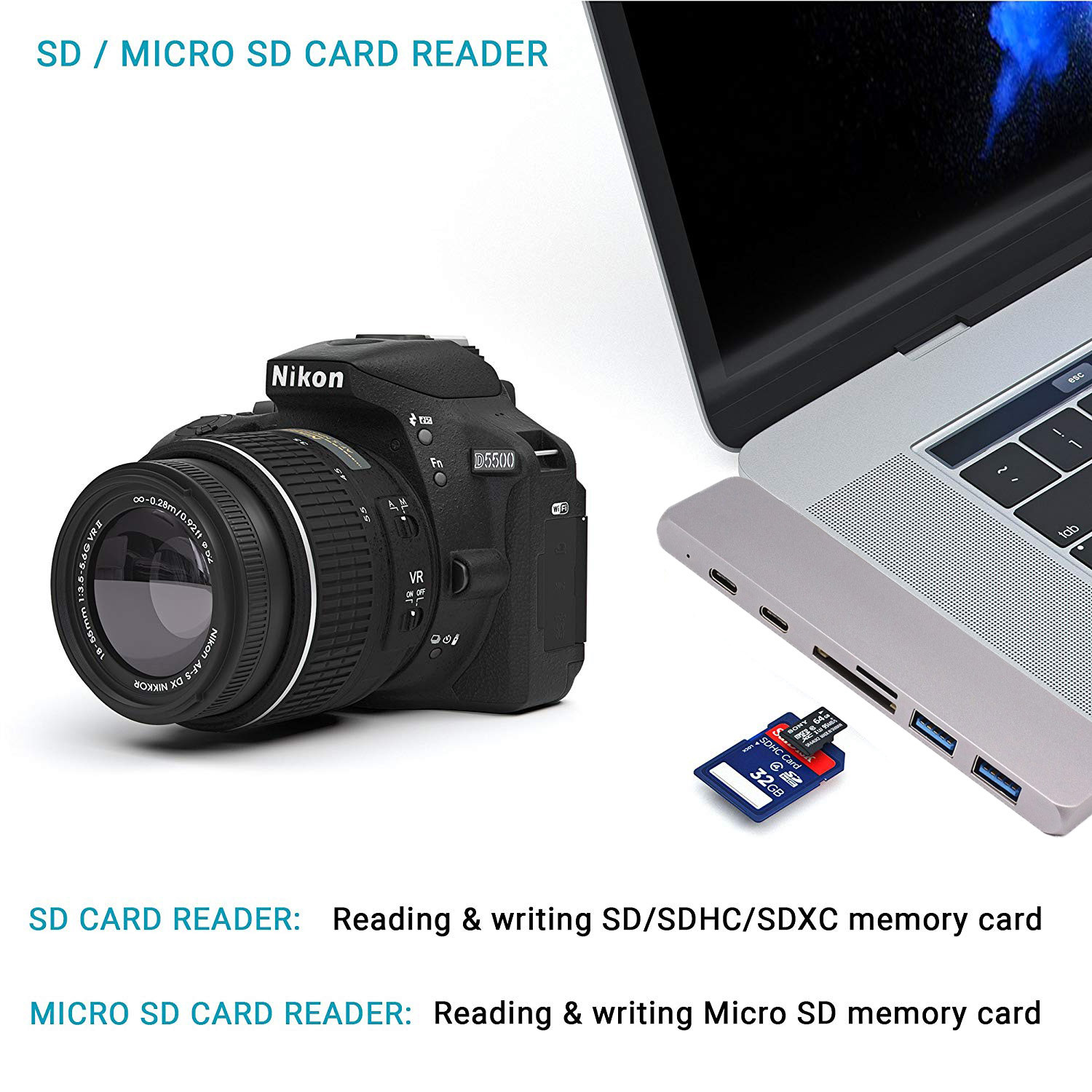 Thunderbolt 3 dual usb-c hub with SD Card reader,4K ,100W power delivery for 13"&15" 2016 / 2017 / 2018 MacBook Pro