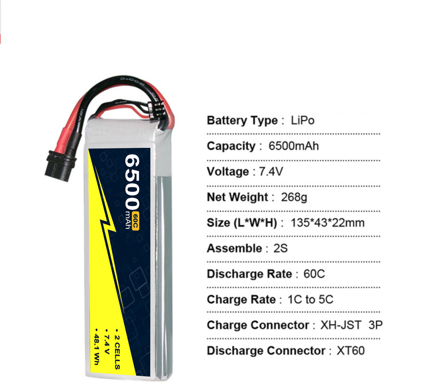 7.4V 2S 6500mah 60C RC Car Lipo Battery
