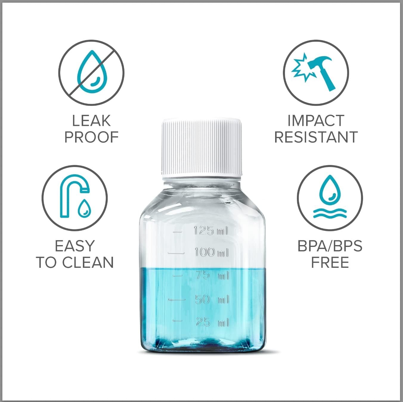 Scientific 125 Ml Plastic Reagent Bottle 6-Pack Laboratory Chemical Storage - Clear Graduated Square Polycarbonate