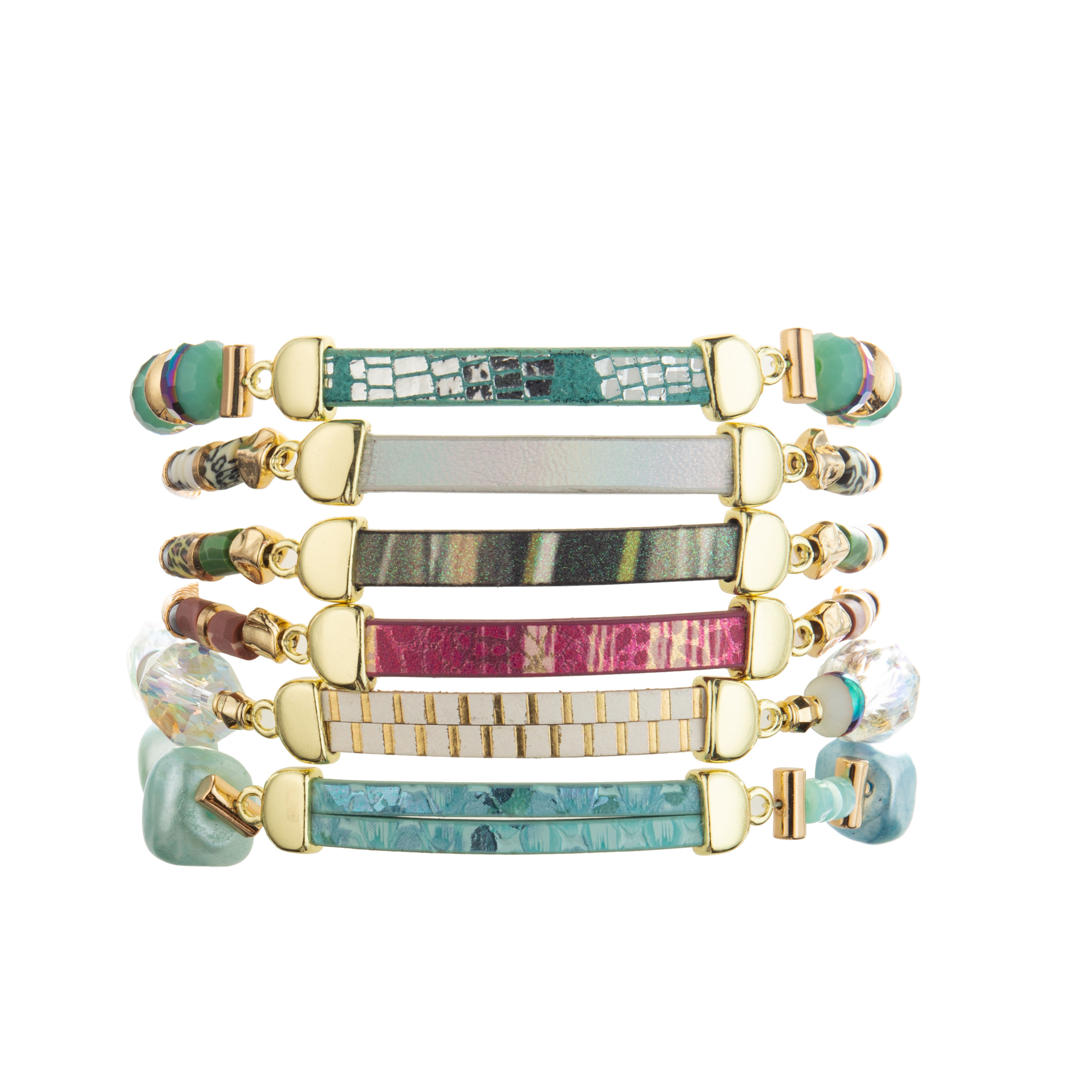 White Gold Striated Handmade Leather Bracelets With Clear Crystal And Rainbow Resin Beads