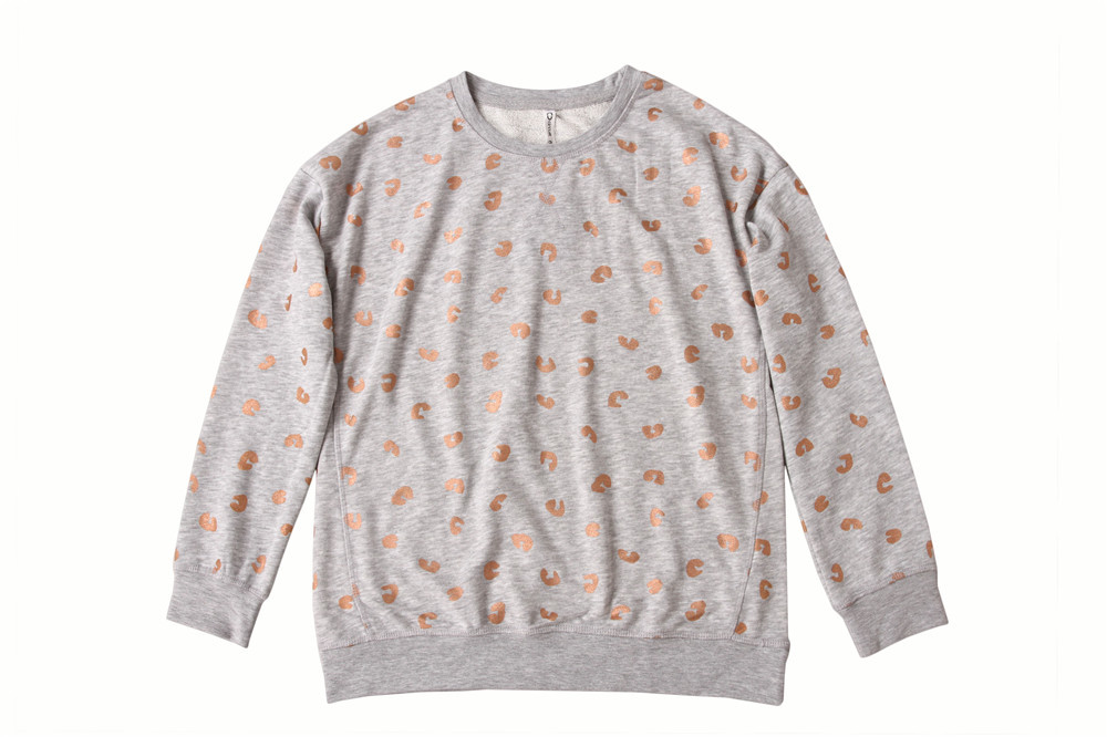 Rose Gold Foil Print Round Neck Quilted Pullover Sweater For Women