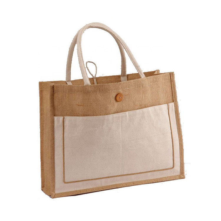 Picnic Jute Tote Bags Hessian Yellow Laminated Long Handles For Gifts