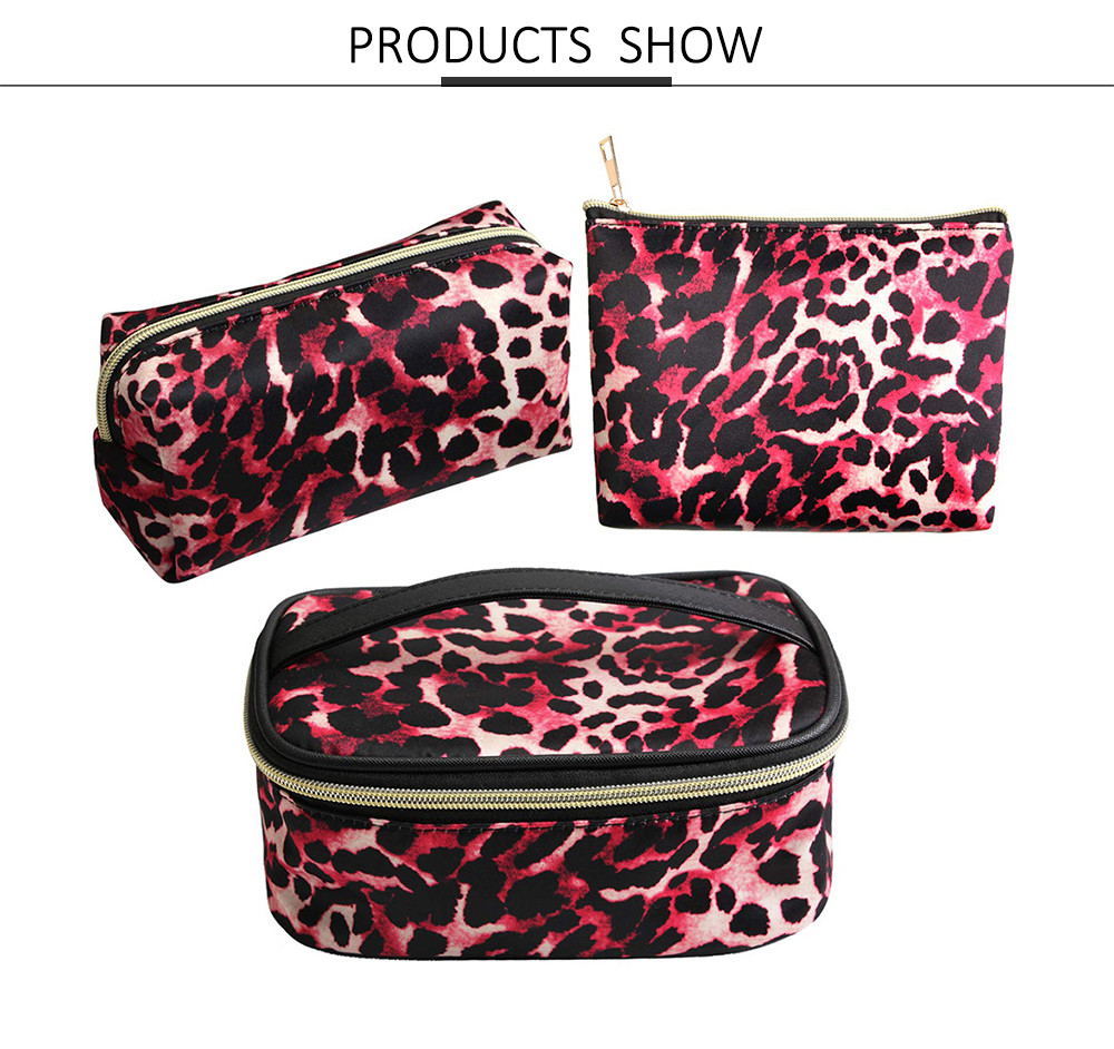 3pcs Pink Leopard Cosmetic Pouch Bag For Travel