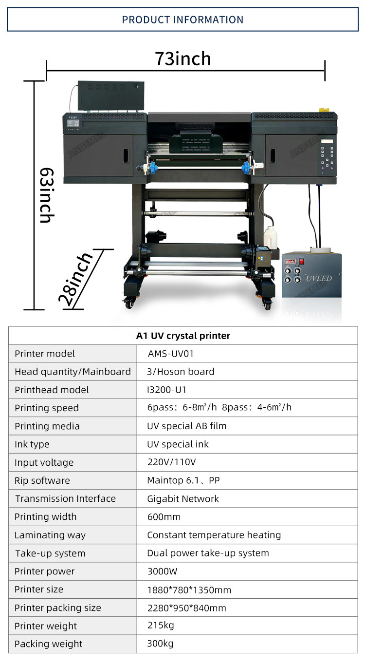 ANDEMES A1 60cm UV DTF Film Roll To Roll Crystal Printer Machine