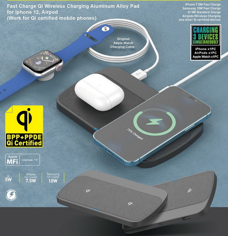 5 Coils Qi 15W 10W 7.5W Dual Wireless Charging Pad Aluminum Alloy Pad