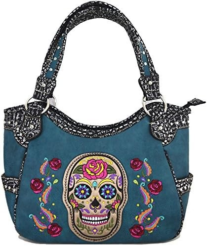 PUNK GOTHIC ROCK METALLIC SKULL DAY OF THE DEAD FLORAL SUGAR SKULL LEATHER PURSE WOMEN HANDBAG SHOULDER BAG WALLET SET