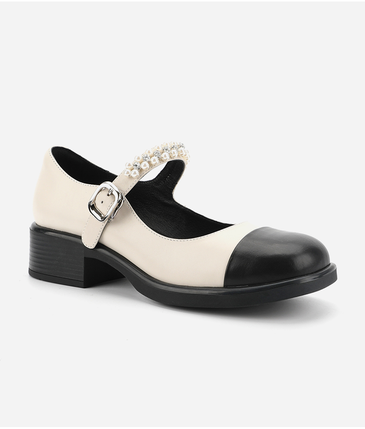 Round Head Wrap Toe Womens Leather Flat Shoes Black And White Stitching