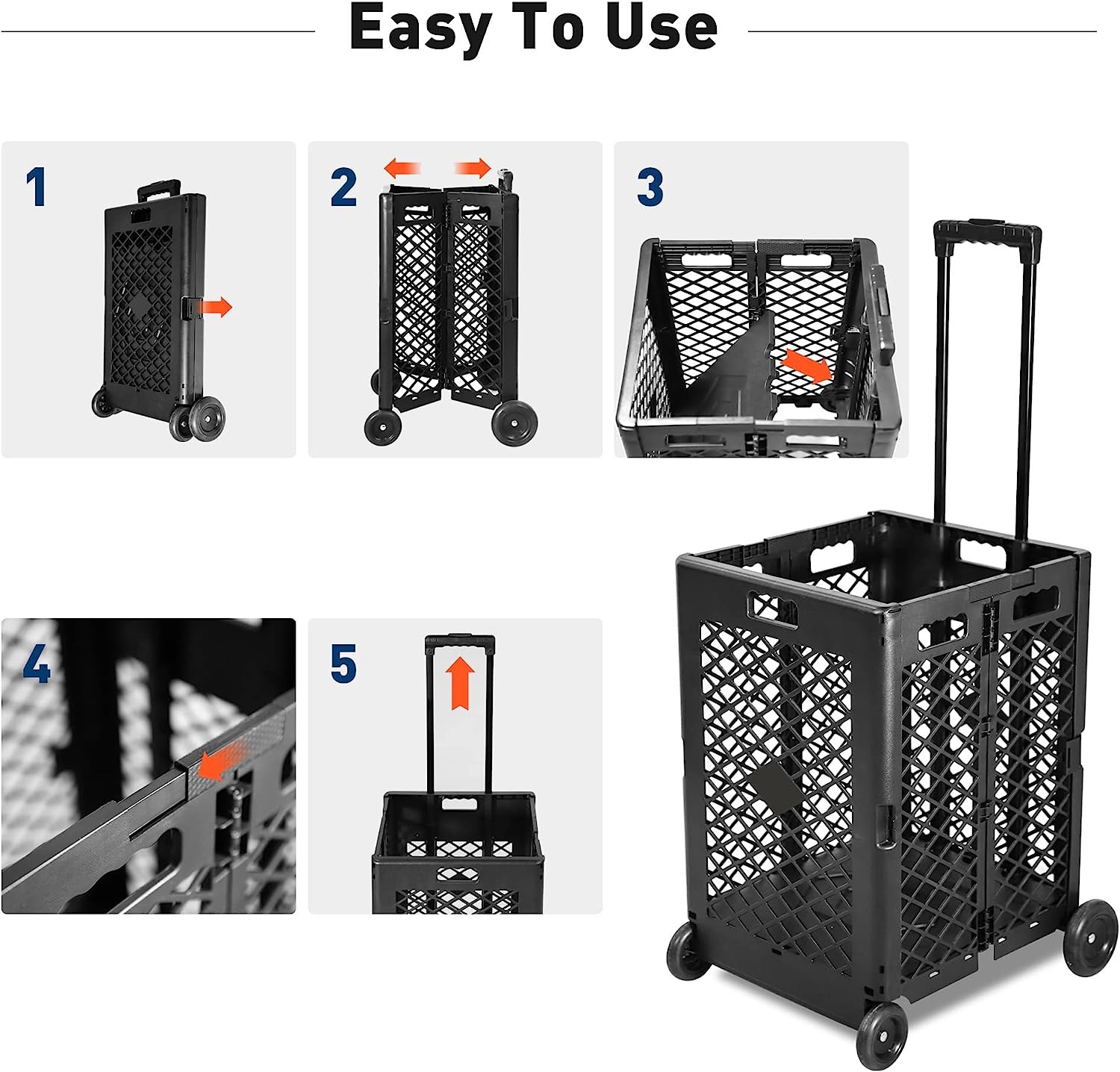 Wheels Rolling Crate - Collapsible Rolling Cart with Lid Folding Teacher Rolling Box Carrier with Handle Shopping