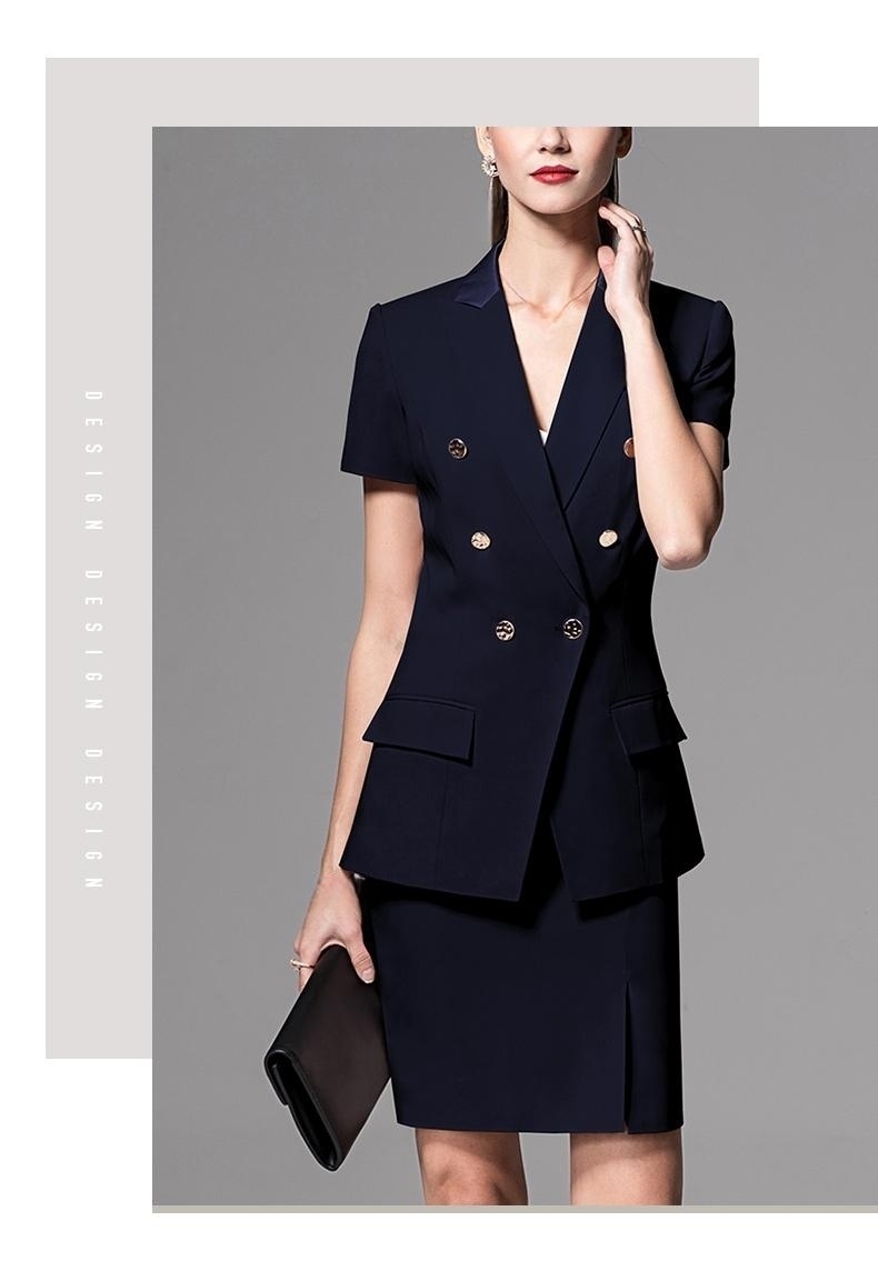Dark Navy Slim Fit Blazer for Ladies Office Short Sleeve Women's Suits Collar V-neck