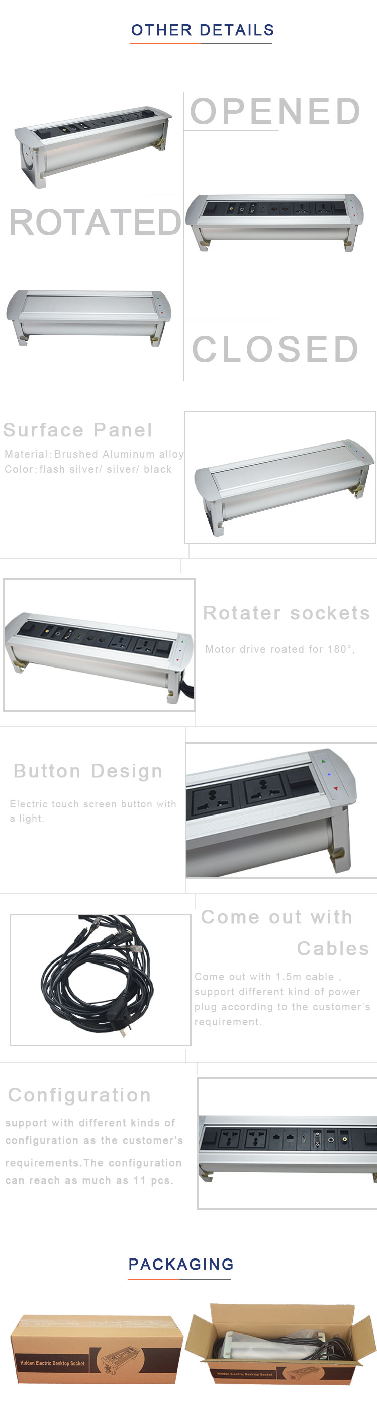 Multimedia hidden desk power and data outlets for conference room motorized flip socket