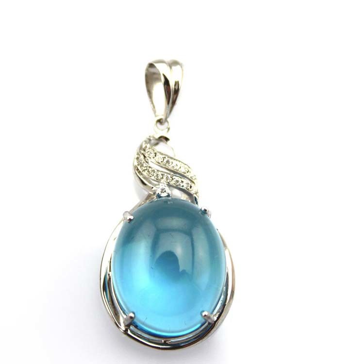Sterling Silver Chain Oval Dome Blue Topaz Cubic Zirconia Charm Pendant Necklace(PSJ0291)