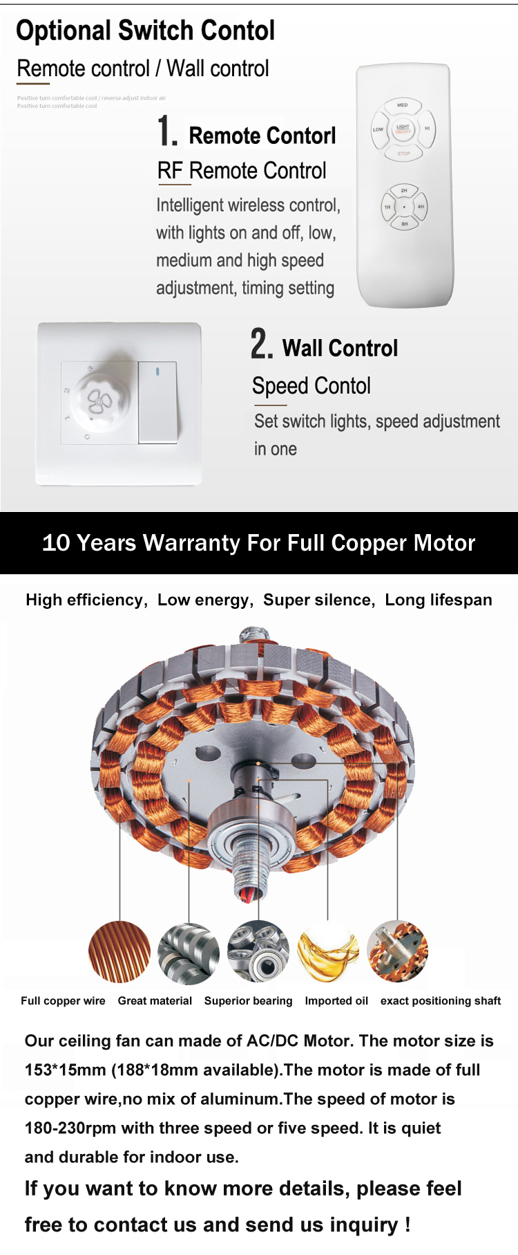 1110mm 65w 44inch Copper Motor Ceiling Fan