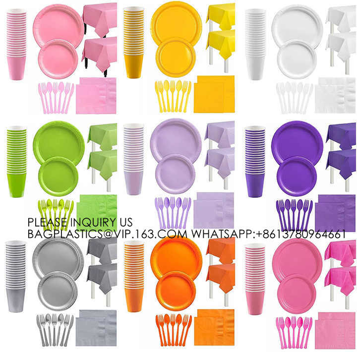 Colorful Party Pack! Includes Colorful Dinner Plates, Cutlery, Napkins And Cups bronzing hot silver paper tray