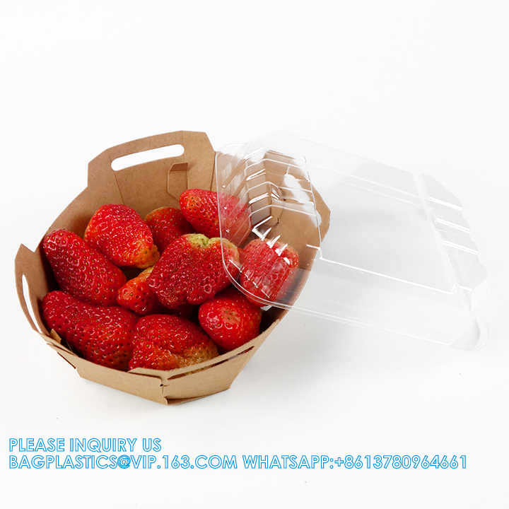 Degradable Wholesale Kraft Paper Tray With PLA Lid For Strawberry Blueberry Boxes Basket Container Packaging