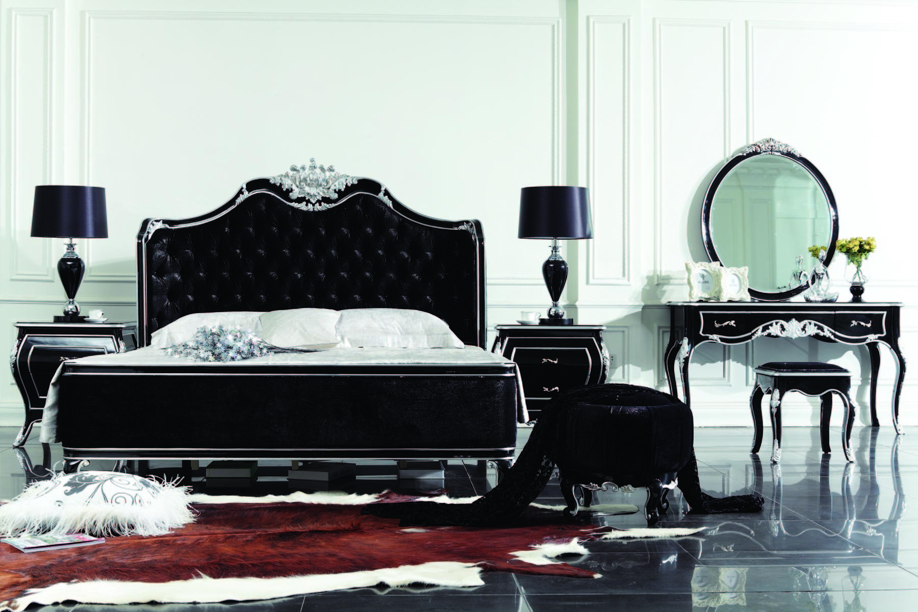Oakwood Custom Classic Royal Bedroom Furniture Sets 6pcs Wood Frame Fabric Antique