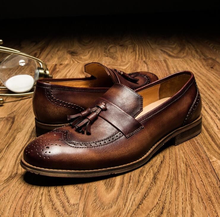 Spring / Autumn Brown Mens Woven Leather Slip On Shoes For Party