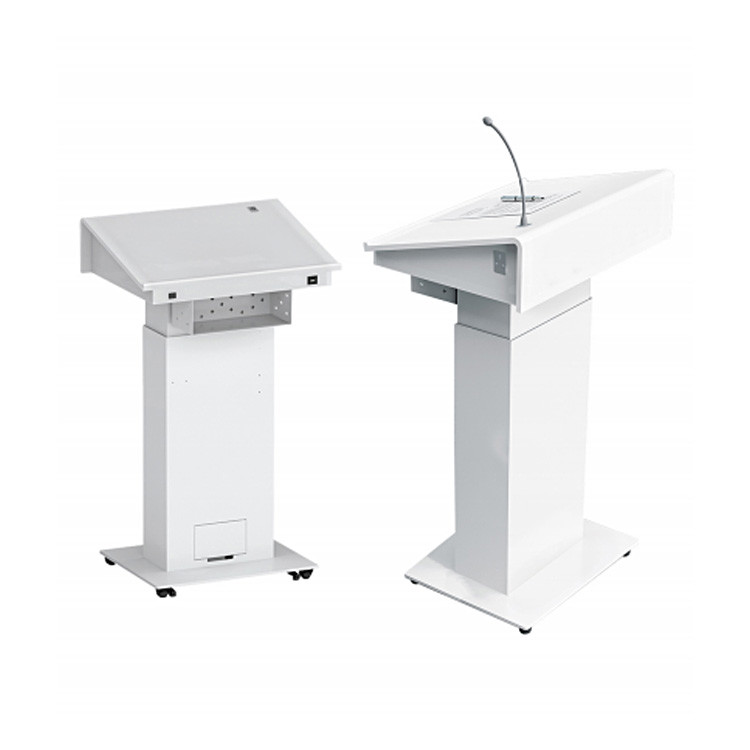 White Office Height Adjustable Desk Electric Lift Podium With Movable Casters