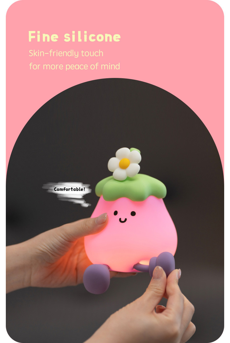 Factory Wholesale Cartoon Soft Silicone LED Night Lights Cute Small Eggplant Bedside Lamps Portable USB Rechargeable Bedroom Night Lights