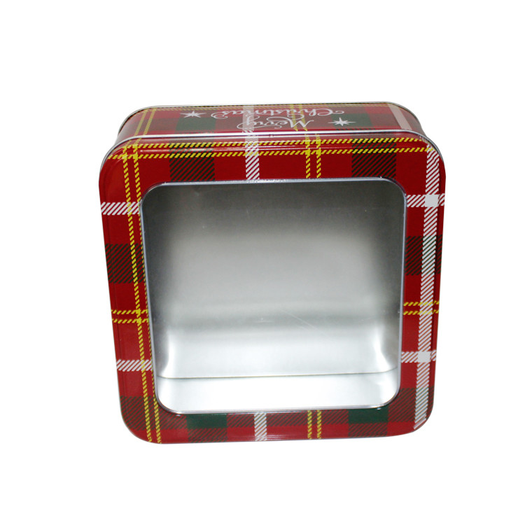 Merry Christmas Holiday Tins Square Tin Box With Clear Window Decorative Tin Containers
