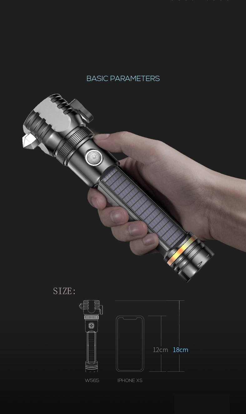 LED Flashlight Solar Power Tactical Flashlight,Ultra Bright Flashlight,Safety Hammer,High Lumens Tactical,USB Rechargea