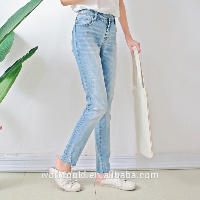 Custom Women A LINE Damaged Denim Skirt With Pearls And Frayed Hem