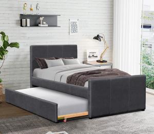 China Dark Grey Linen Wooden Twin Daybed Frame With Extendable Trundle For Bedroom on sale