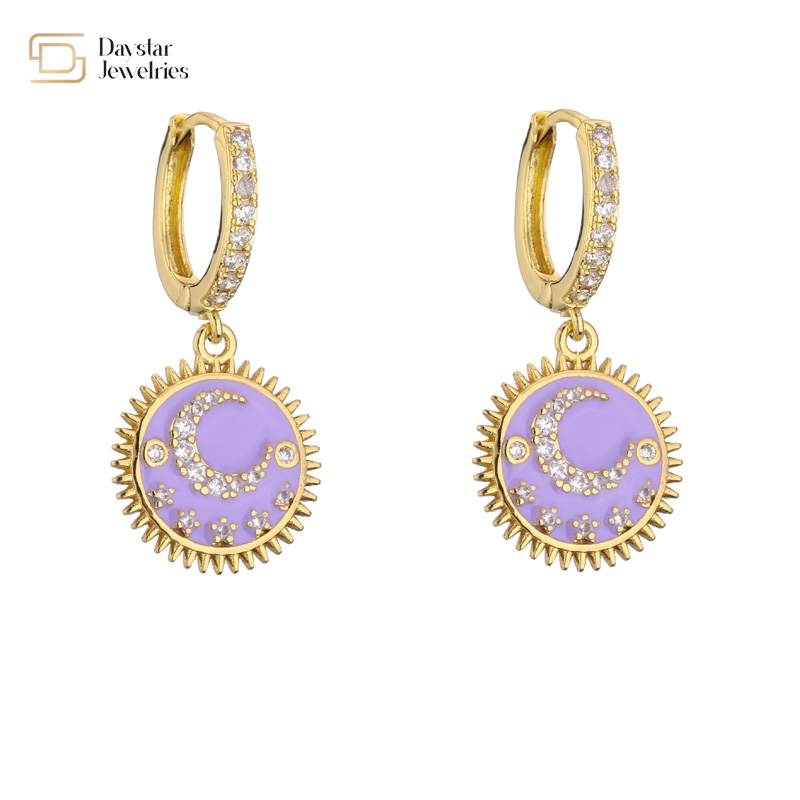 Moon And Star 24k Gold Plated Jewelry Round Dangle Drop Earrings