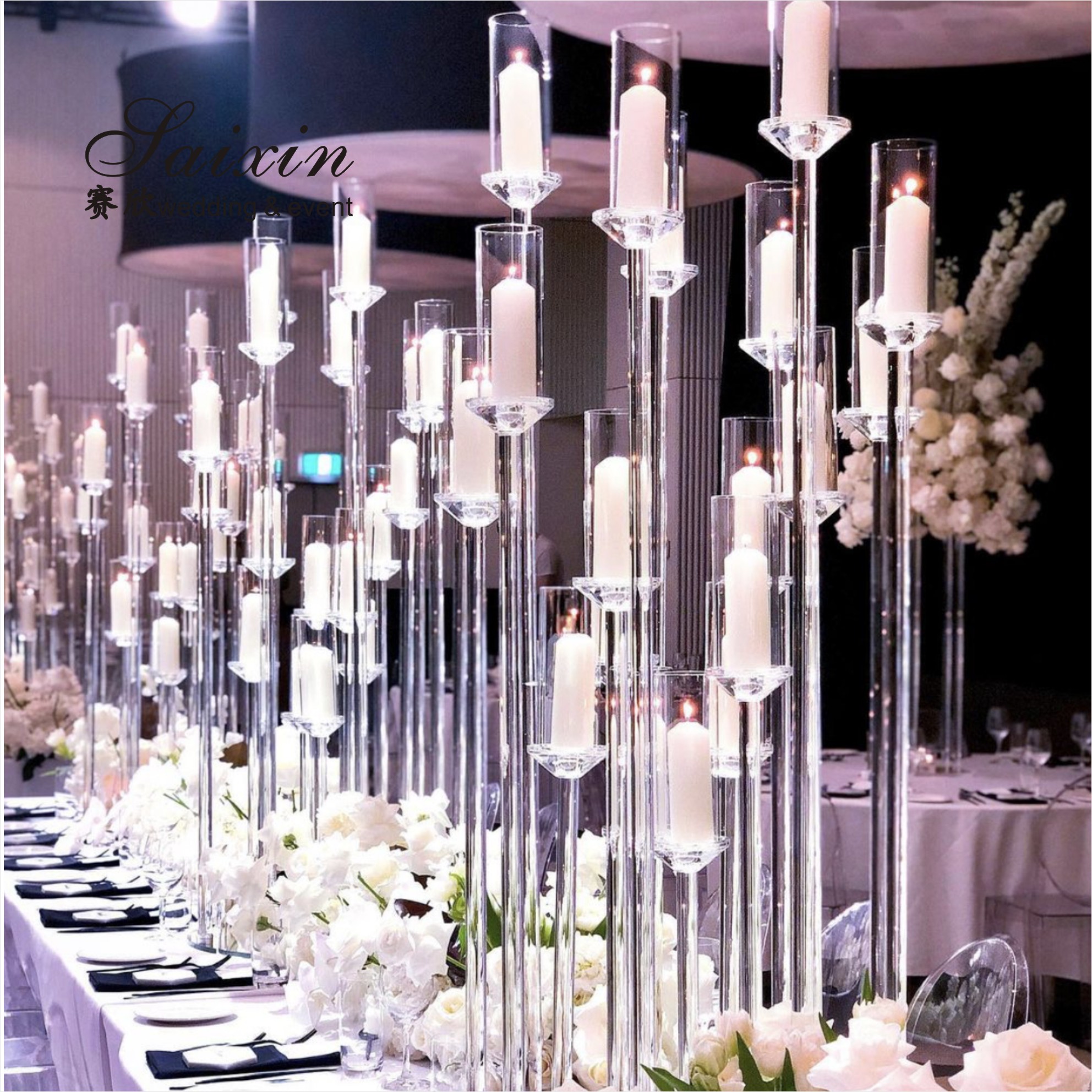 7 Arms Crystal Taper Candle Holders Event Table Decorations With Glass Tubes 50cmx70cm