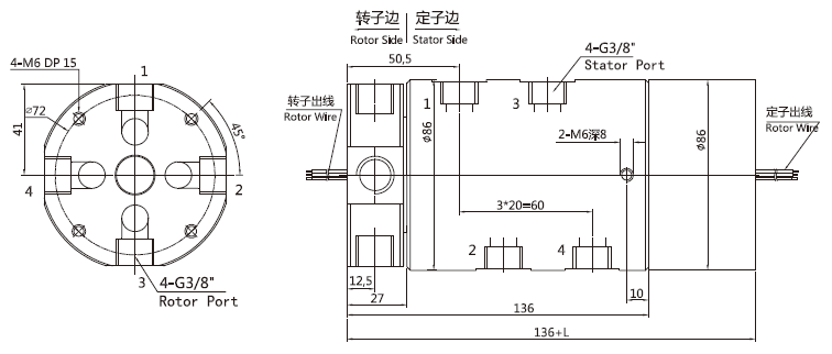 G3/8 4 Passage Electric Pneumatic Rotary Union 6~56 Circuits