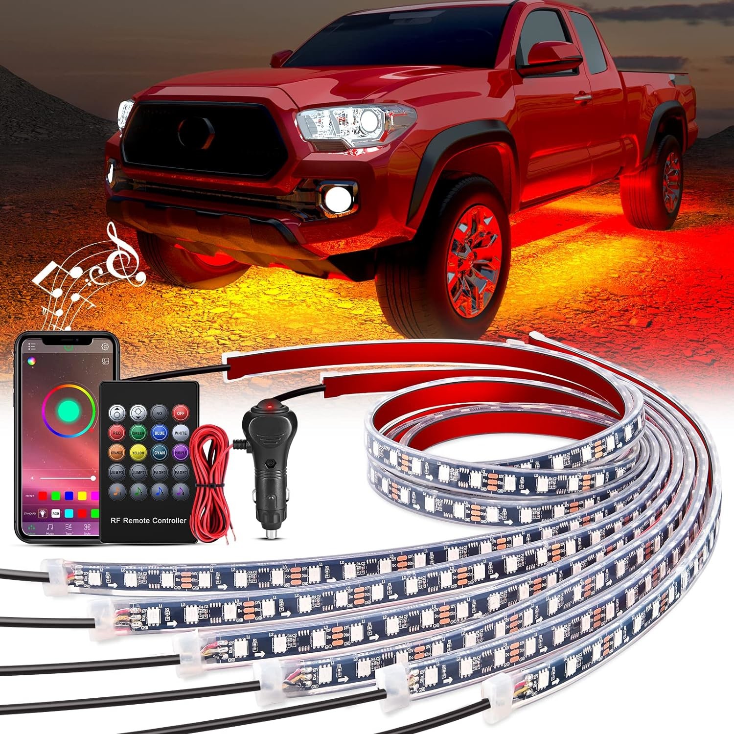 6Pcs Car Underglow Strip Lights 12V RGBIC Multi Color DIY Sound Active Function Music Mode with APP Control and Remote