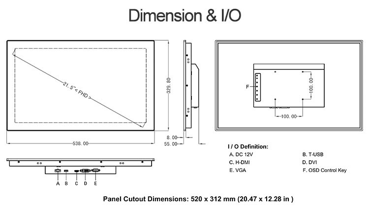 Front Ip65 Touch Screen Monitor , Rugged 21.5In Industrial Display Screen