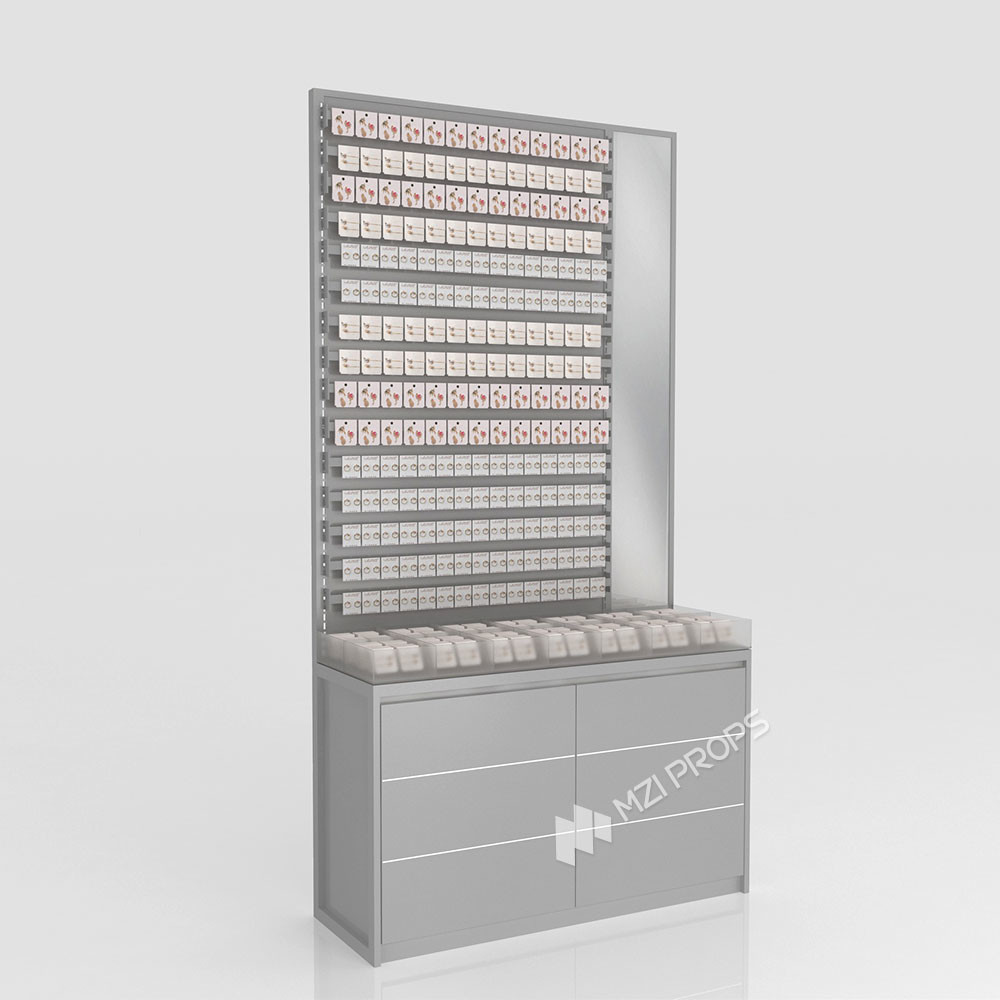 GDR08-SP02 Cosmetic Display Shelf with Gray Velvet Headband Cylinders and Efficient Storage for Cosmetics Retail Stores