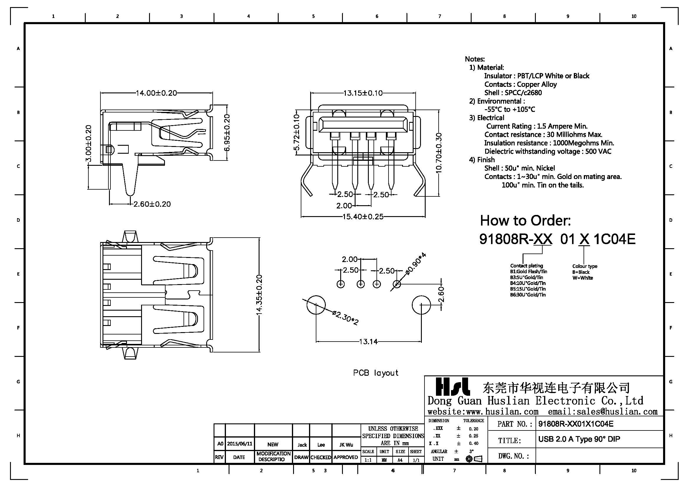 USB-A connector 2.0 4 position right angel through hole for pcb