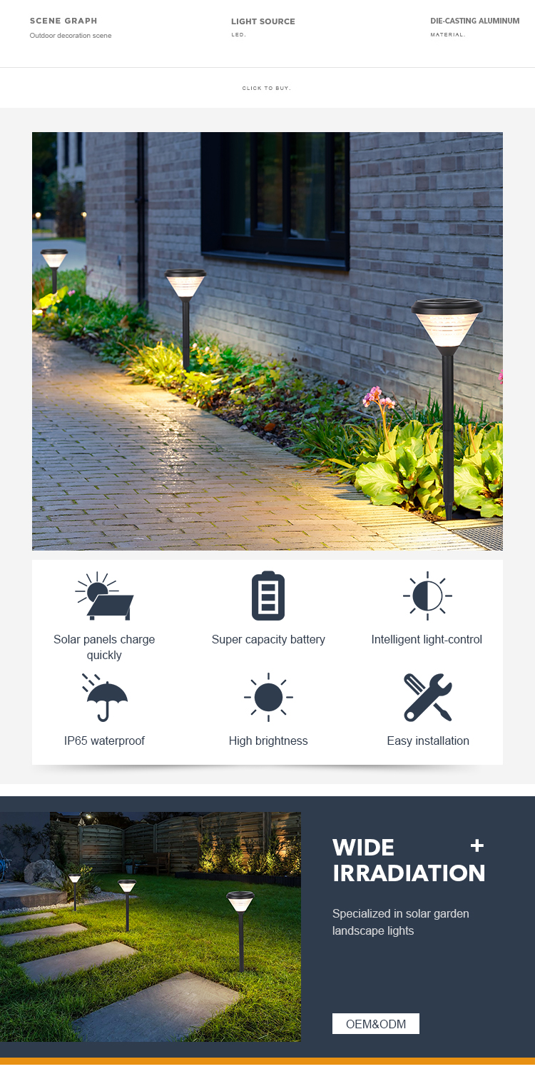 IP65 ODM Waterproof LED Solar Pathway Lights With 2000mAh Battery for yard driveway