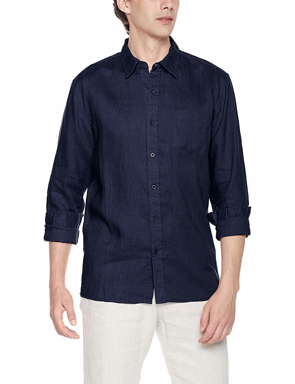 Blue Curved Hem Business Casual Linen Shirt Long Sleeve Collared Shirt