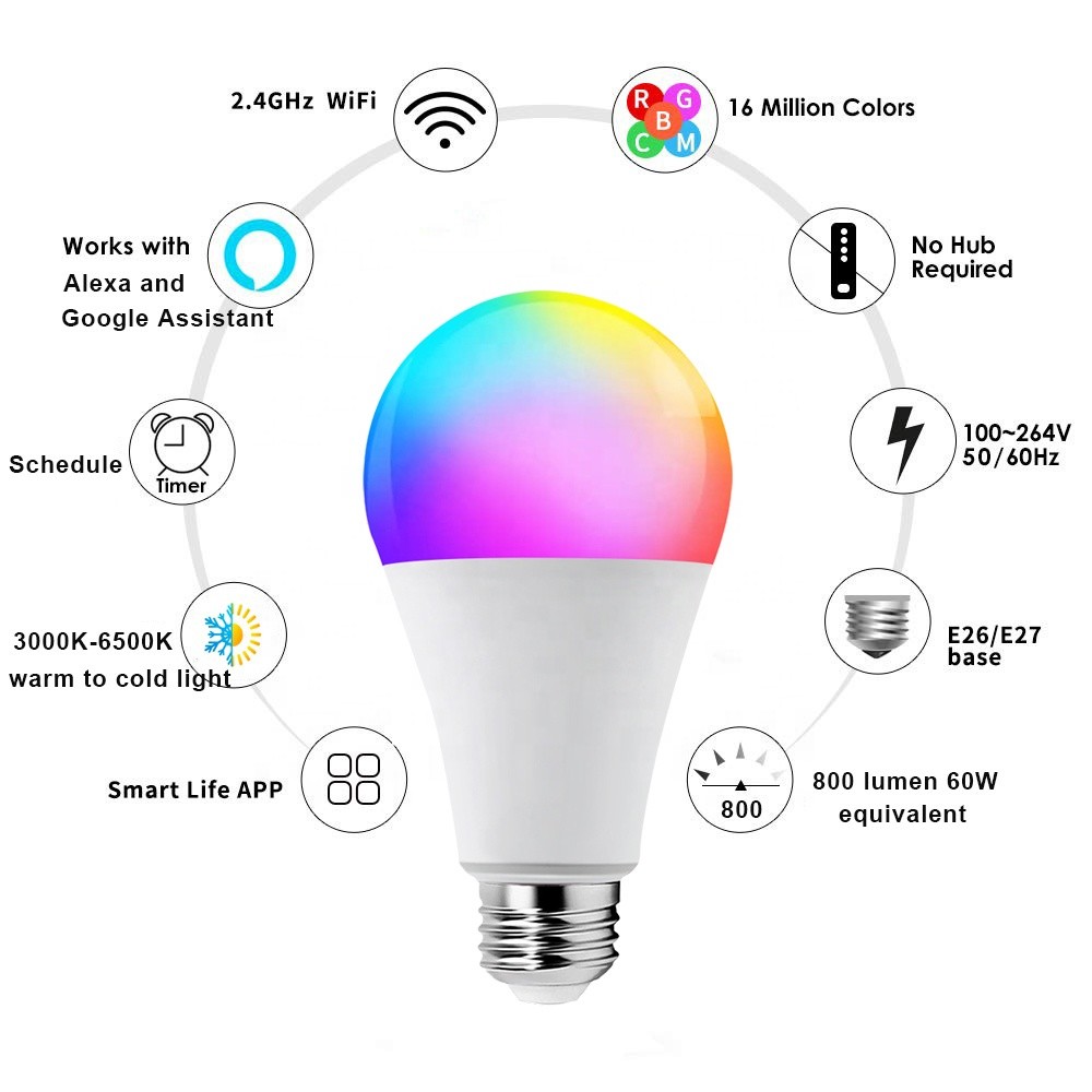100LM/W 5W 7W 9W 12W E27 E26 B22 Smart Wifi LED Bulbs Color Changing CE ROHS FCC