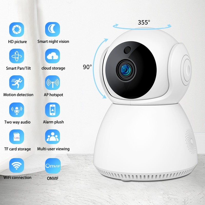Mini indoor H.265 WIFI PT 1080P 2MP wireless onvif 128G TF card slot cloud storage home security network AP wifi camera
