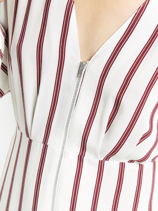 2018 New Arrival Fall Long Sleeve White and Red Striped Zip Front Sex V neck Midi Dress Ladies Autumn