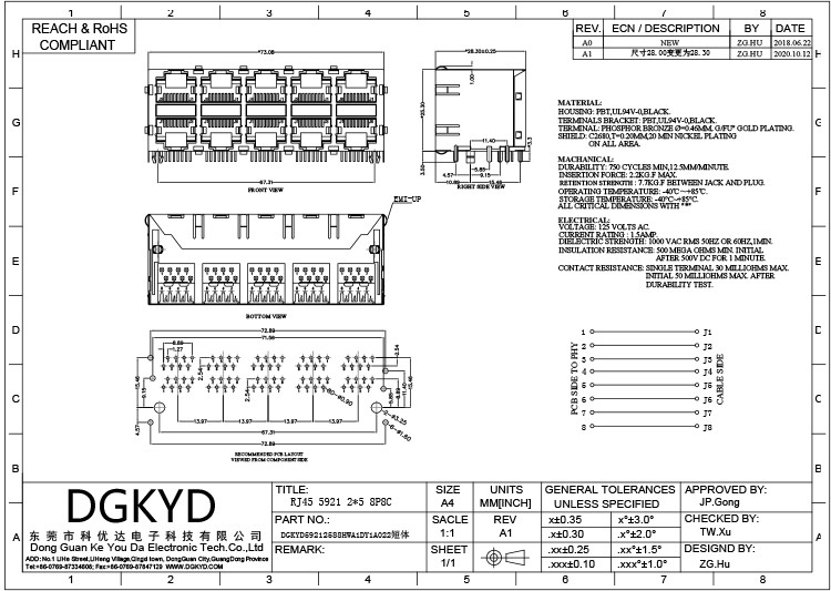 DGKYD59212588HWA1DY1A022 2X5 Port 8P8C Modular Jack No Lamp With Spring Piece Multi Port