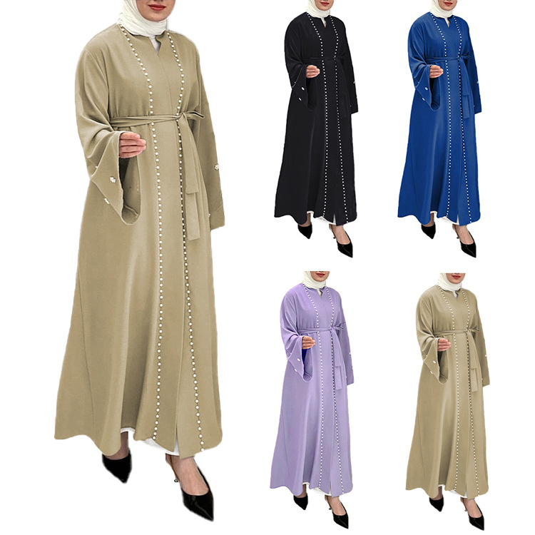 Fashionable Muslim Tops Women Muslim Dress Solid Color Flared Sleeve Mosaic Clothing