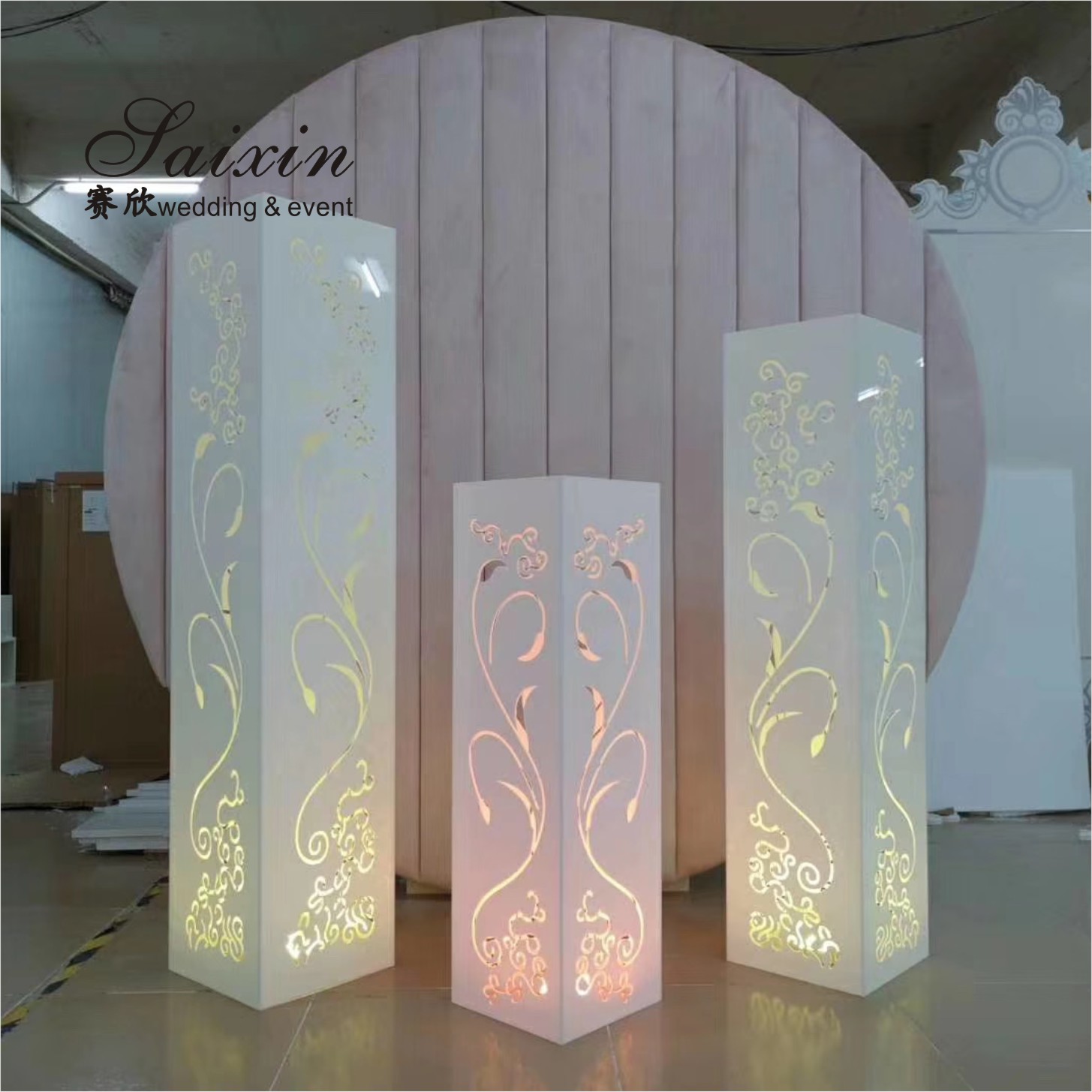 Unique new wedding furniture white acrylic stand with gold design white background wedding hall decoratios