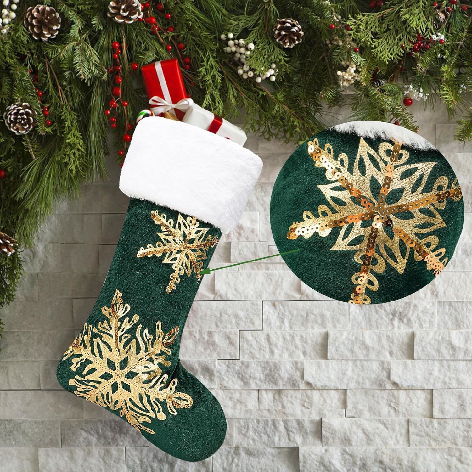 3PC Christmas Stocking,Sequin Hanging Stocking Decorations Christmas Party Family Decor (Green)
