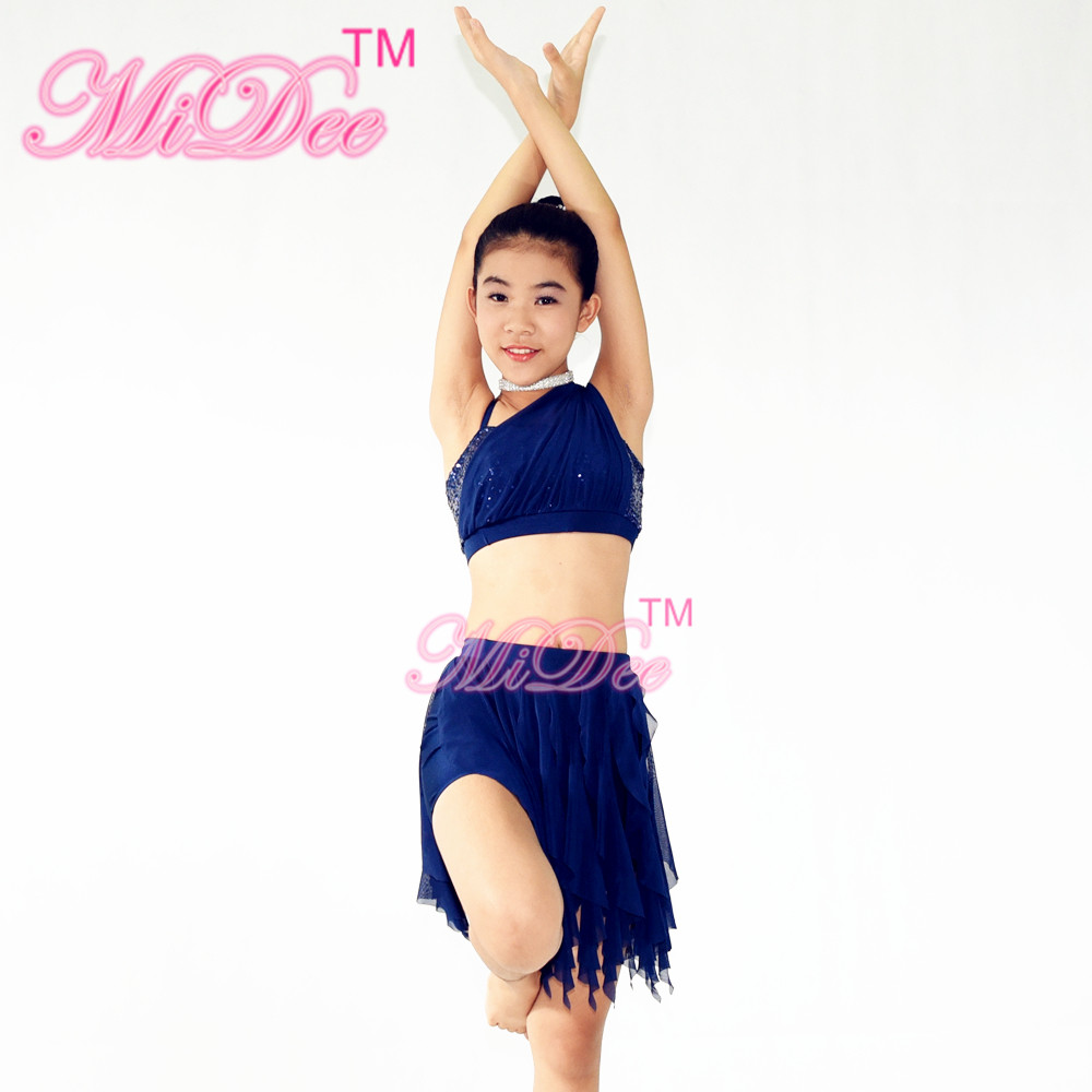 Soft Mesh Spiral Skirt Dianogal Sequins Top One Shoulder With Flower Dance Competition Costumes