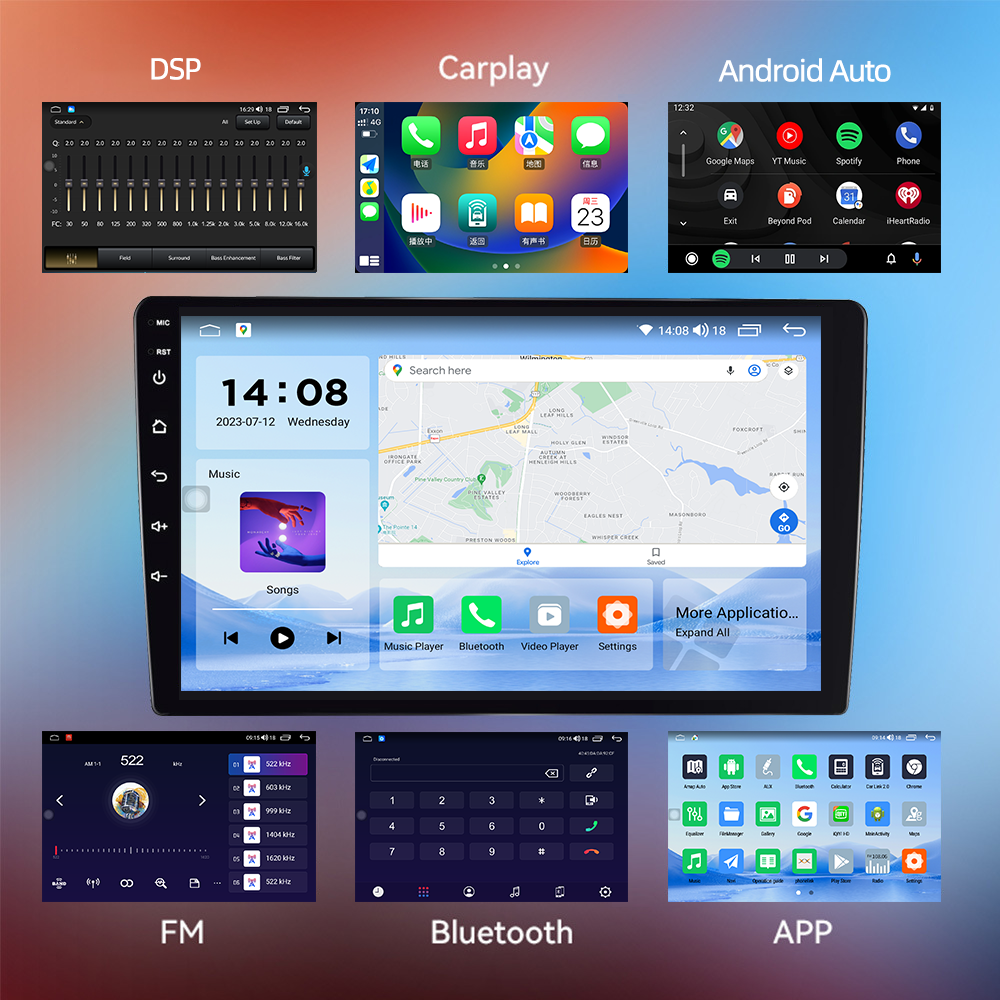 Universal Car Fitment 13 Inch Android Touch Screen Carplay Monitors with Built-in DSP