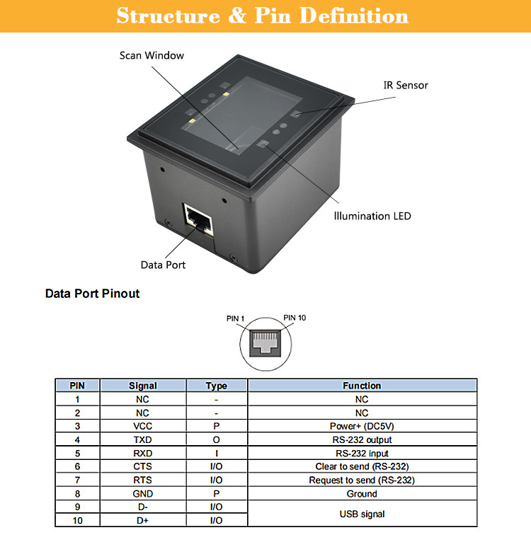 Fixed mount barcode and qr code scanner data matrix micro USB barcode scanning module for ATM self service kiosks